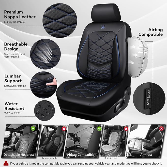 CAR PASS Luxury Nappa Leather Seat Covers Front, Water Resistant 3D Memory Foam Car Seat Covers with Lumbar Support,Thick Seat Cover Airbag Compatible Universal Fit for Sedan SUV Van Truck, Black Blue