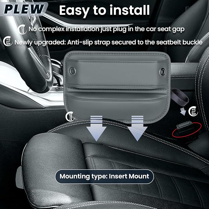 2-Pack Car Seat Gap Filler Organizer - Upgraded Anti-Slip Strap Design - Premium Leather Side Console Pocket - Prevent Phone Falling - Universal Fit Car Essentials for SUV, Truck & Sedan, Grey