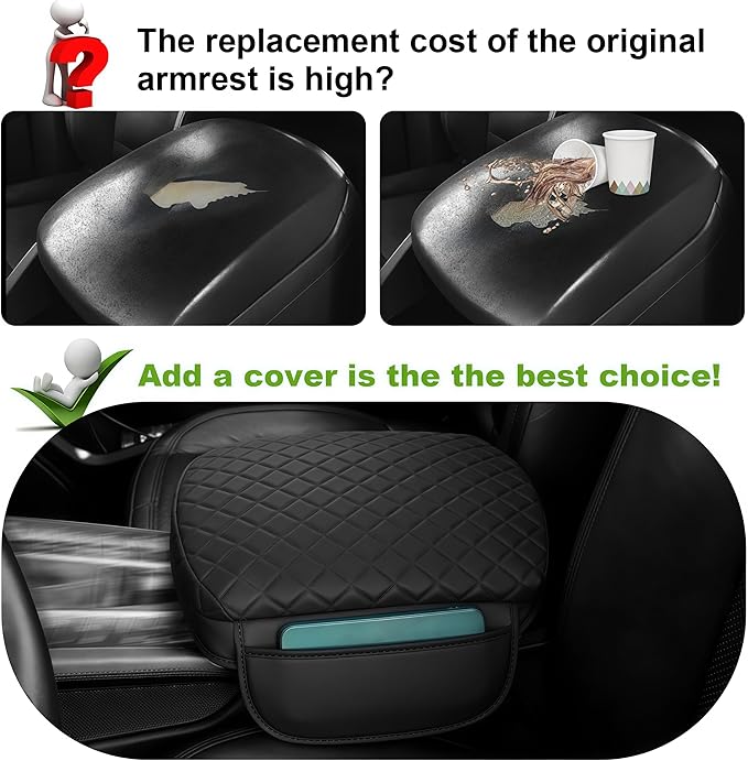 Armrest Cover for Honda Pilot Center Console Pad with Organizer Storage Pockets, Black Faux Leather Arm Rest Lid Protector Cushion Interior Accessories (2009-2015)