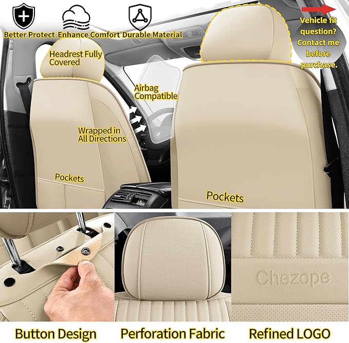 Chezope Car Seat Covers Full Set, Beige Leather Seat Covers, Breathable Front and Back Car Seat Protectors, Wear-Resistant Seat Covers Universal Fit for Most Cars SUV Truck (Beige-Stripes-A, Full Set)