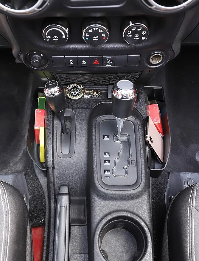 Savadicar GT-3 JK Shifter Storage Box, Gear Shift Console Side Tray Organizer for 2011-2018 Jeep Wrangler JK JKU, Interior Accessories, Reserved USB Charger Extender Slot, Black