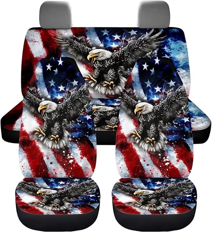 KEIAHUAN Front and Back Car Seat Covers American Flag Eagle Front Seat Cover and Split Rear Bench Seat Cover 4th of July Patriotic Automotive Interior Accessories