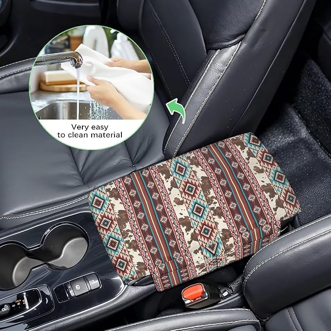 Wanyint Aztec Brown Cow Print Car Center Console Cushion Cover Comfortable Armrest Seat Box Lid with Organizer Pockets Anti-Scratch Arm Rest Covering Suitable for Most Cars SUVs Trucks