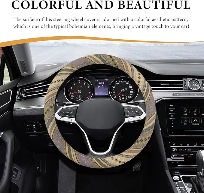Boho Steering Wheel Cover, 15 Inch Coarse Flax Cloth Ethnic Style Anti-Slip Car Wheel Wrap, Universal Breathable Bohemian Steering Wheel Protector for Cars Vans Trucks (G)