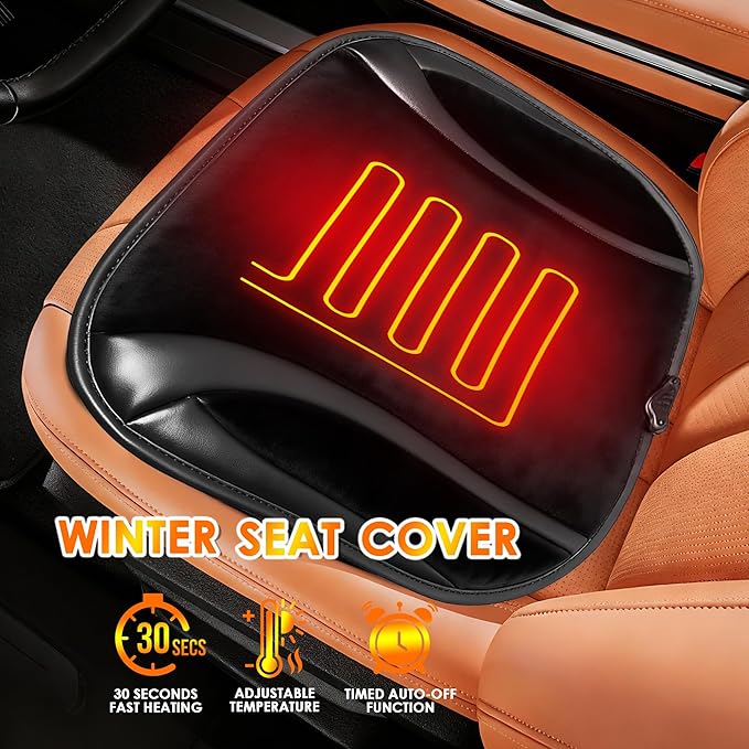 Car Seat Cushion for Driving - Soft Plush Front Seat Cover for Car, Truck, SUV, Office Chair, Wheelchair | Adjustable Straps & Anti-Slip Bottom | Comfortable (Black- Leather)