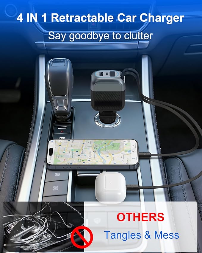 87W Retractable Car Charger, 4-in-1 Fast USB C Charging Car Adapter with 45W Type C Cable for iPhone 17/16 Pro Max & Samsung, 12W Lightning Cable for iPhone 14, Travel Essentials Car Accessories