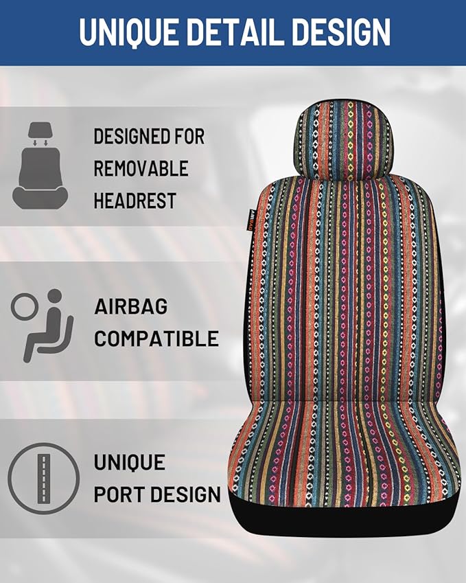 Baja Saddle Blanket Car Seat Covers Front Set, Washable Breathable Striped Woven Cloth Seat Covers for Cars, SUV, Truck, Airbag Compatible(Orange)