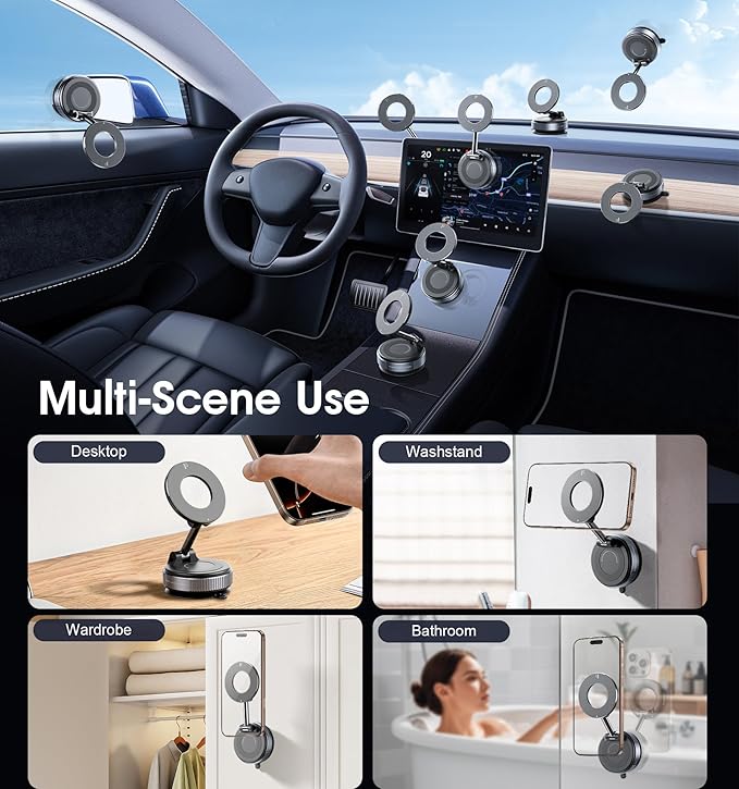 REOKILY 2026 Upgraded Suction Cup Phone Mount Nano Gel 360° Vacuum Magnetic Car Phone Holders for Your Car 110LBS Reinforced Mount for MagSafe Gym/Mirror for iPhone & Android