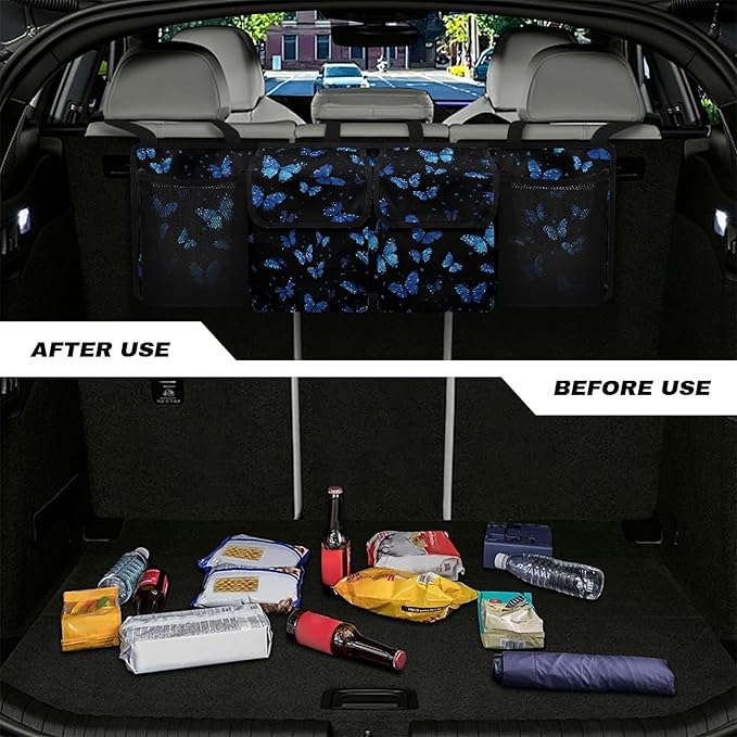 Blue Butterfly Car Trunk Organizer Small SUV Trunk Organizers and Storage with 4 Pockets, Butterfly Car Accessories for Women Car Organization, Leave Room for Buying and Shopping