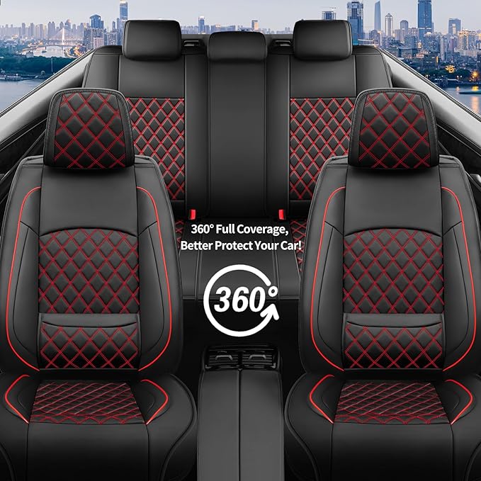 Fit Elantra Car Seat Covers for Hyundai Elantra 2017-2025 2026 - Premium Leather, Waterproof, All-Weather, Airbag Compatible, Anti-Slip, Breathable, Seat Protectors, Full Set, Redline