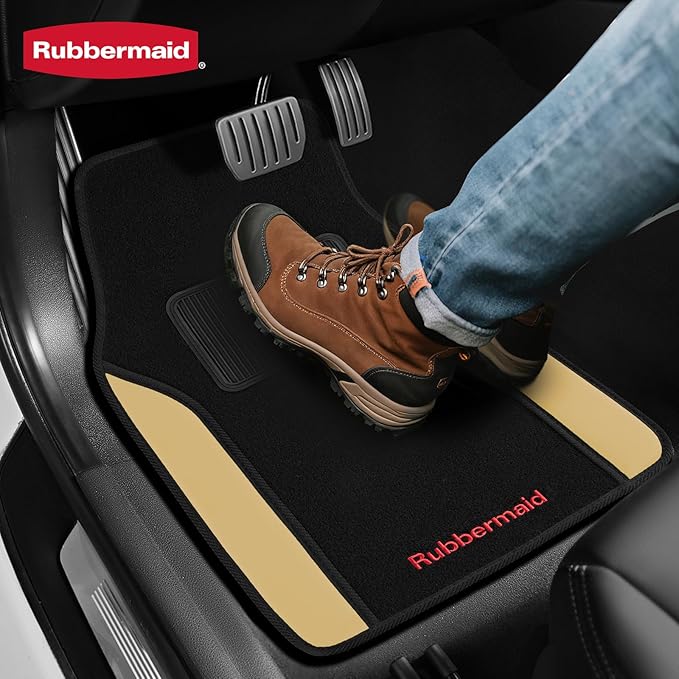 Rubbermaid Car Mats, Carpeted Floor Car Mat with Faux Leather & Built-in Heel Pad, Two-Tone Car Rug Floor Mats, Stylish Carpeted Floor Mats for Cars, Trucks & SUVs Beige Color