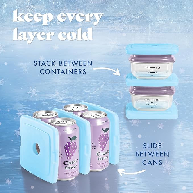 Cool Coolers By Fit & Fresh 4 Pack Slim Ice Packs, Quick Freeze Space Saving Reusable Ice Packs for Lunch Boxes or Coolers, Blue
