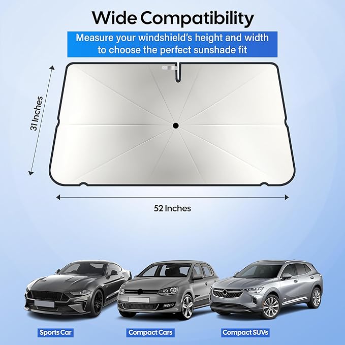 EcoNour Umbrella Windshield Sun Shade for Car | Foldable Umbrella Sun Shield | UV & Heat Protection for Front Window Shade with Storage Pouch | Fits Coupe, Sedan & Hatchbacks | Small 52"x31"
