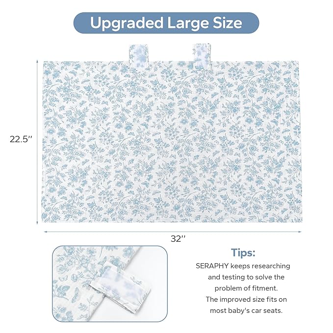 SERAPHY 100% Muslin Cotton Car Seat Covers for Babies - Universal, Breathable Canopies for Boys and Girls - Soft Summer Car Seat Cover - Blue Flowers