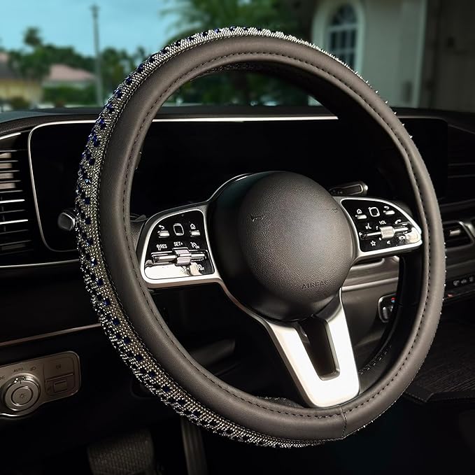 Lord AutoFashion 15 Inch Luxury Universal Steering Wheel Cover Rhinestone Crystals Anti-Slip Microfiber Leather for Women Girls Car Accessory Bling Diamonds (Blue JX06)