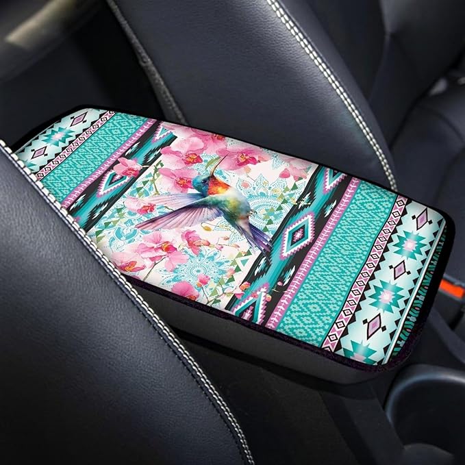 Universal Armrest Cover Pad, Aztec Hummingbird Car Center Console Cushion Pad, Protect from Pet Claws, Dirt, and Sticky Fingers, Car Decor Accessories Fit for Most Vehicles, SUVs