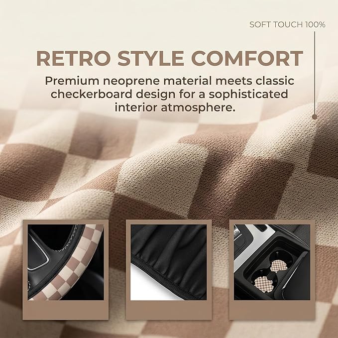 Checkered Brown Steering Wheel Cover - Checkered Brown Steering Wheel Cover Anti-Slip Breathable Universal 14-15 Inch Car with 2 Pcs Car Coasters Suitable Men Women