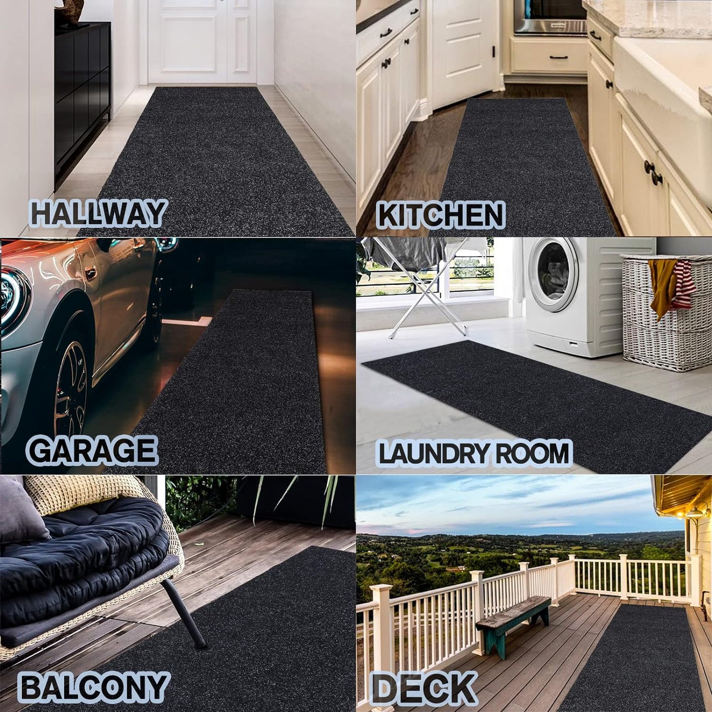 Custom Size Backed Non-Slip Area Rugs Runner, Easy Clean, Waterproof Runner Rugs for Hallway Entryway, Kitchen, Laundry, 3FT x 12FT, Black