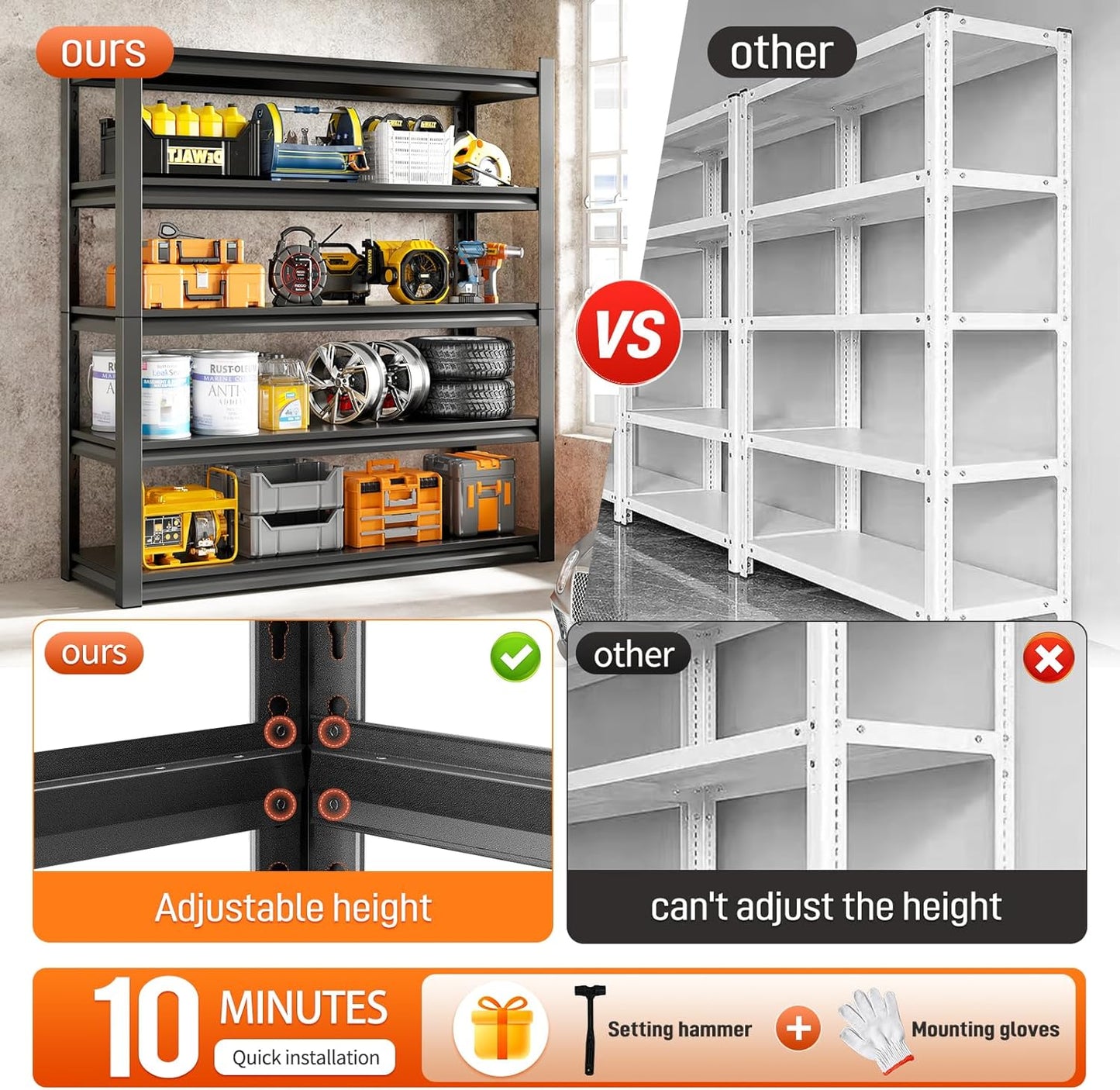 48" W Garage Shelving Unit, Garage Storage Shelves 3000LBS Heavy Duty Shelves, Adjustable 5 Tier Metal Shelving Utility Shelf, Storage Rack for Industrial, Warehouse, Basement (23.6" D*48" W*72" H)