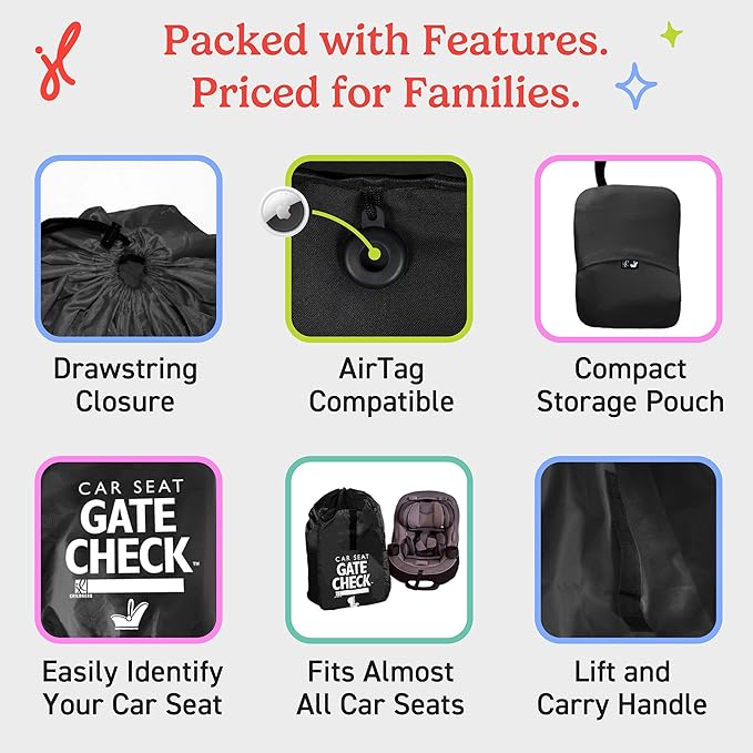 J.L. Childress Gate Check Travel Bag for Car Seats - Car Seat Travel Bag for Airplane, Fits All Baby & Infant Carriers, Airport Accessories for Gate Check, Flying Essentials, AirTag Compatible - Black