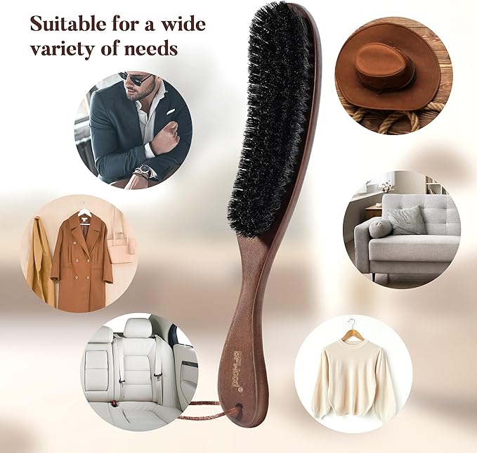 BFWood Clothes Brush, Boar Bristle Lint Brush for Suits, Cashmere, Wool, Velvet, Suede and Pet Hair, Large Black Walnut Wood Handle