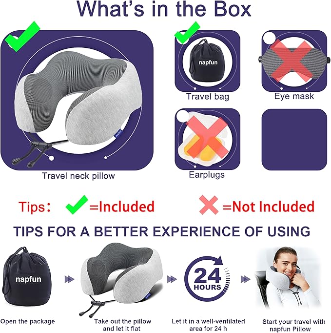 napfun Neck Pillow for Traveling, Upgraded Travel Neck Pillow for Airplane 100% Pure Memory Foam Travel Pillow for Flight Headrest Sleep, Portable Plane Accessories, Light Grey