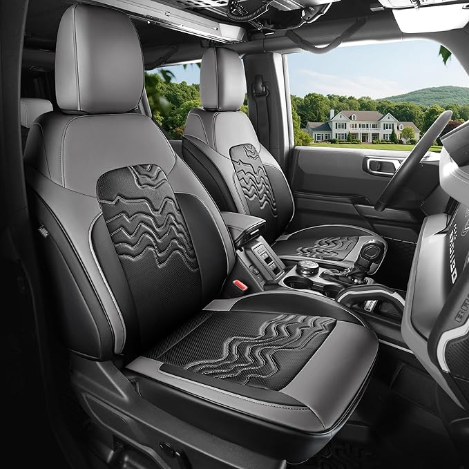 Red Rain Ford Leather Auto Seat Cushion Customized Fit for Ford Bronco Seat Cover 4 Door 2025 2024 2023 2022 2021 Black and Grey Interior Accessories (Bronco 4Door-Black+Grey)