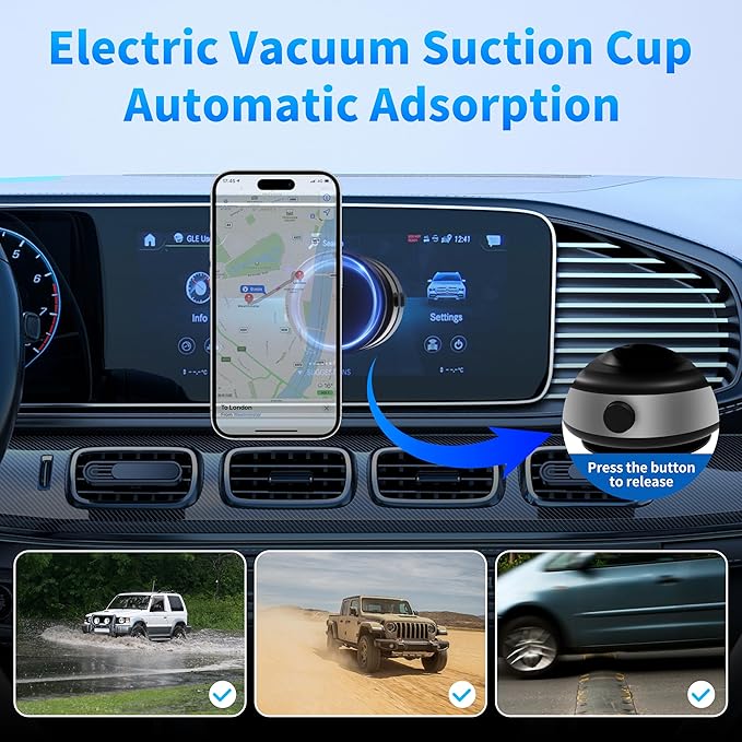Electric Vacuum Magnetic Car Phone Holder, Automatic Suction, Effortless Release for Easy Storage, Suction Phone Mount Compatible with Magsafe iPhone and Android Case, Black