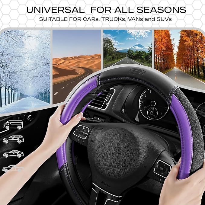 Skechers Air-Cooled Steering Wheel Cover,Leather Car Steering Wheel Cover Universal Fit 14" 1/2-15" Car Wheel Protector for Men Women Fit Suvs,Vans,Sedans,Car,Trucks,Purple