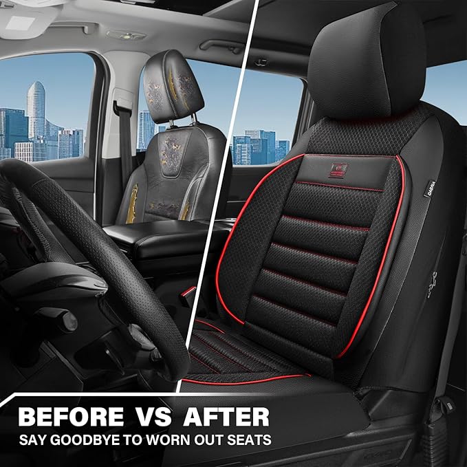 CAR PASS 3D Foam Leather Car Seat Covers Two Front Seats only, Air Mesh Thick Seat Covers, All Weather Car Seat Cover Comfort & Protection for Truck,SUV,Sedan,Van, Airbag Compatible Red