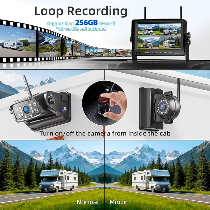ZEROXCLUB Magnetic Wireless Backup Camera: 7" HD 1080P DVR Monitor with 2 Rear View, 2 Side View Cameras, IR Night Vision, Portable Rechargeable Camera for RV/Trailer/5 Wheels/Camper BC704