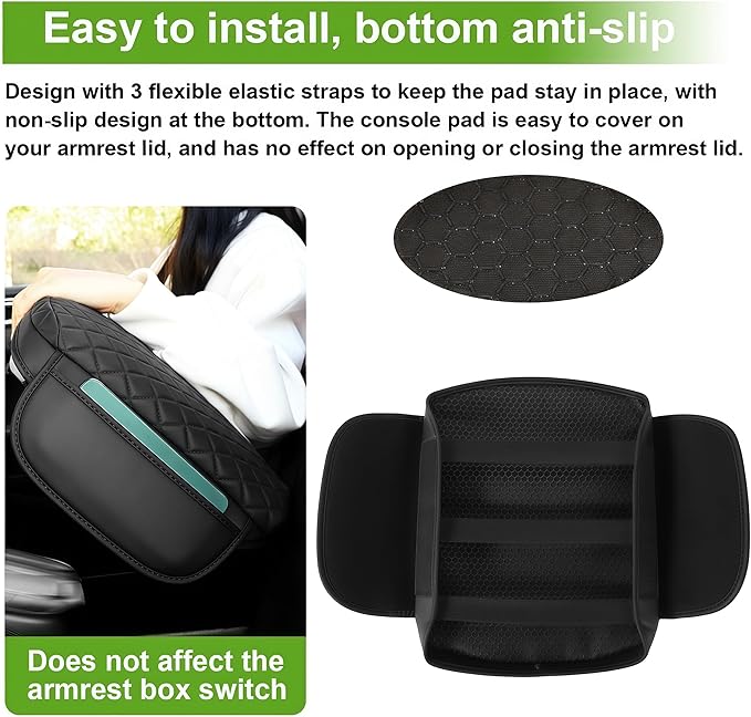 Armrest Cover for Honda Pilot Center Console Pad with Organizer Storage Pockets, Black Faux Leather Arm Rest Lid Protector Cushion Interior Accessories (2009-2015)