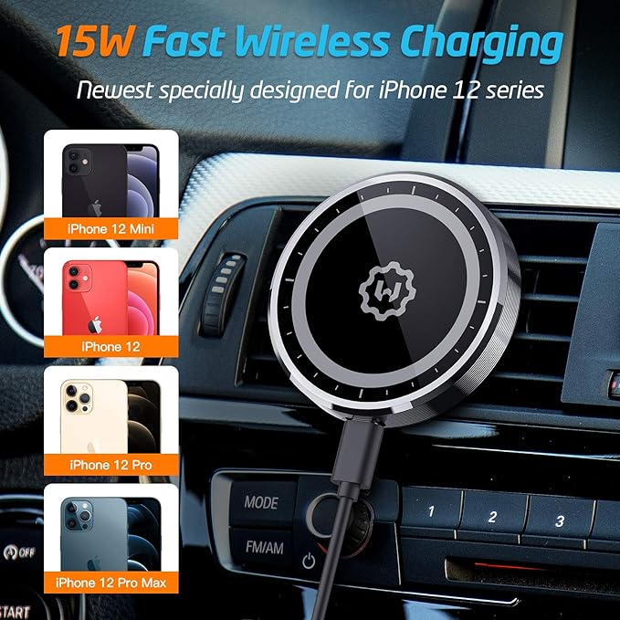WixGear 15W Wireless Magnetic Car Charger, Air Vent & Dashboard Mount for iPhone 13/13 Pro/12/X Thru Mini with Auto Alignment