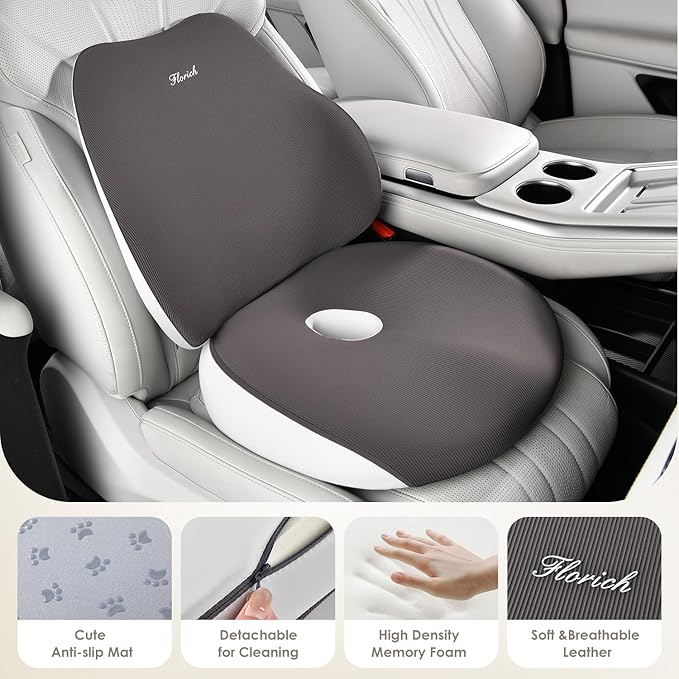 FLORICH Car Seat Cushion and Lumbar Support Pillow, Ergonomic Memory Foam Driving Seat Cushions for Back & Sciatica Pain Relief, Non-Slip Cushion for Car, Office, Truck, Wheelchair, Gaming Chair-Gray