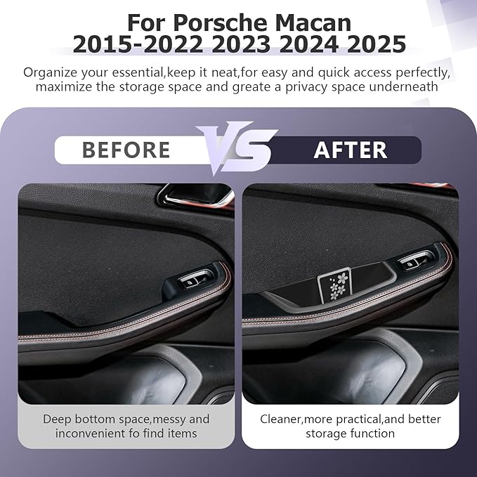 LUWU Door Tray Organizer Compatible with 2015-2025 Porsche Macan S/T/GTS Accessories Center Console Organizer Armrest Console Storage Box Insert Tray ABS Material Black 4PCS (Not for Macan EV)