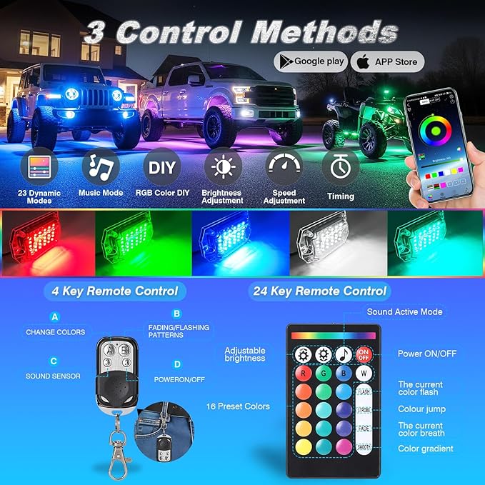 10Pods Full Angle RGB LED Rock Lights Full Kit for Jeep Truck ATV UTV SXS RZR Golf Cart Offroad Pickup,300Chip Waterproof Multicolor Underglow Light with APP/RF Remote, Neon Underbody Accent Light 12V