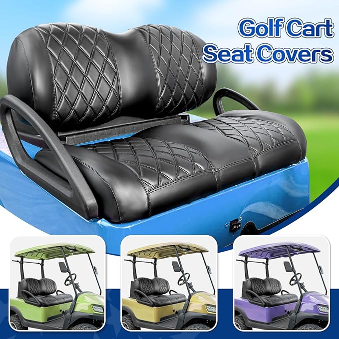 NOKINS Golf Cart P-P Diamond Leather seat Cover for it Club Car Precedent/Tempo/Onward Premium,No Stapler Required, Golf Cart Vinyl Replacement Seat Cover.Black