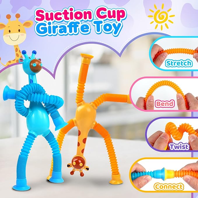 Giraffe Sensory Travel Toys 4Pcs for Roadtrip Car Ride Airplane Toddler Girl Year Old Ages 2 3 4 5 6 7 8, Suction Autism Pop Tube Fidget Toy Autistic Valentines Day Stocking Easter Basket Stuffer Gift
