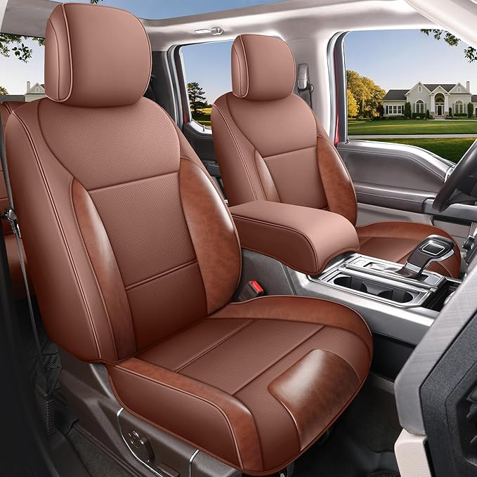 Red Rain Custom Fit for Ford F150 Super Crew/Crew Cab 2015-2025 XL XLT STX Brown and Orange Leather Car Seat Cover Full Set 5 Seater (F150-Brown+Orange)