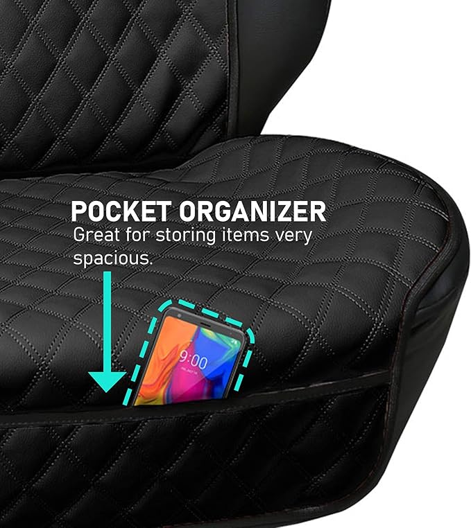 FH Group Car Seat Cushion – Faux Leather Single Front Seat Cover with Front Pockets, Airbag Compatible, Universal Fit Car Seat Cushion for Driver or Passenger Seat, SUV, Truck, Sedan & Van – Black