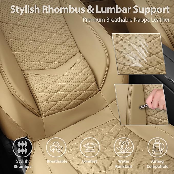 CAR PASS Luxury Nappa Leather Seat Covers Full Set, Water Resistant Faux Leather Seat Cover with Lumbar Support, Breathable Automotive Seat Covers Universal Fit for Sedan SUV Van Truck, Pure Beige