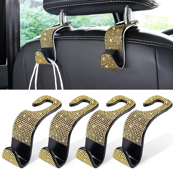 LivTee Car Seat Headrest Hook, Auto Seat Hook Hangers Storage Organizer Interior Accessories for Purse Coats Umbrellas Grocery Bags Handbag, 4-Pack(Bling Gold)