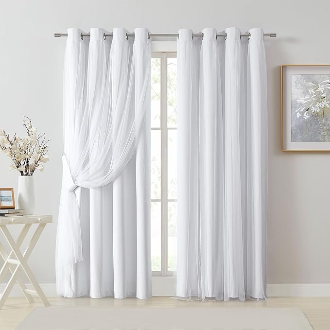 Bujasso White Full Blackout Curtain Panels with Sheer Overlay Mix and Match Double Layer Thermal Insulated Window Treatment Set for Living Room White Drapes with Tiebacks Grommet Top 54" Wx84 Lx2