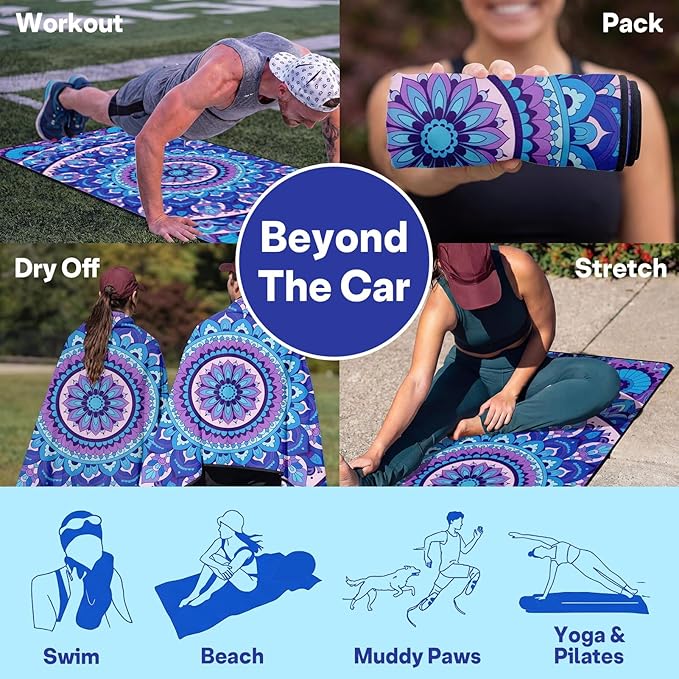 2 Pack Car Seat Towel Covers, Sweat Protector for Front Seats, Premium Thickened Microfiber, Mandala, Non-Slip Elastic Strap, Breathable Quick Dry, Machine Washable Cover for Gym Running Universal Fit
