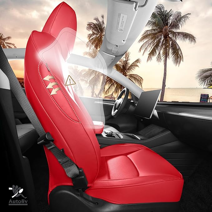 for Tesla Model Y Seat Covers 2020-2024 12pcs Waterproof Nappa Leather Seat Cover Fully Wrapped Customized for Tesla Model Y (TY-Red)