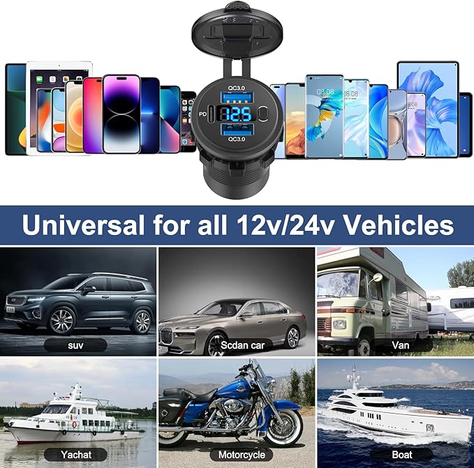 Hapytrip 2 Pack 12 Volt USB Outlet Dual Quick Charge 3.0 Port and PD3.0 USB C Car Battery Chargers Socket, Waterproof 12V Power Outlet Cigarette Lighter Replacement DIY Kit with Voltmeter and Switch
