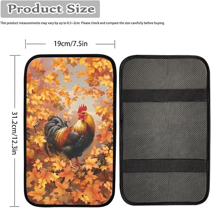 Suobstales Rooster Chicken Maple Leaves Print Car Armrest Pad Thanksgiving Decoration Soft Center Console Arm Rest Protector Cover Universal Car Interior Accessories Decoration