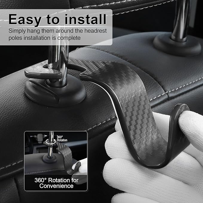 LivTee Car Purse Hook, 4 Pack Universal Auto Seat Headrest Hook Hangers Organizer for Coats, Umbrellas, Groceries - Carbon Fiber Black | Universal, Hangers, Organizer, for Coats, Umbrellas, Groceries
