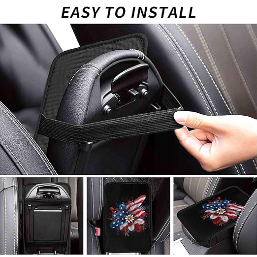 American Flag in Red Flower Car Auto Armrest Cushion Cover Accessories Center Console Seat Box Pad Protector Universal Decoration for Most Vehicle SUV Truck