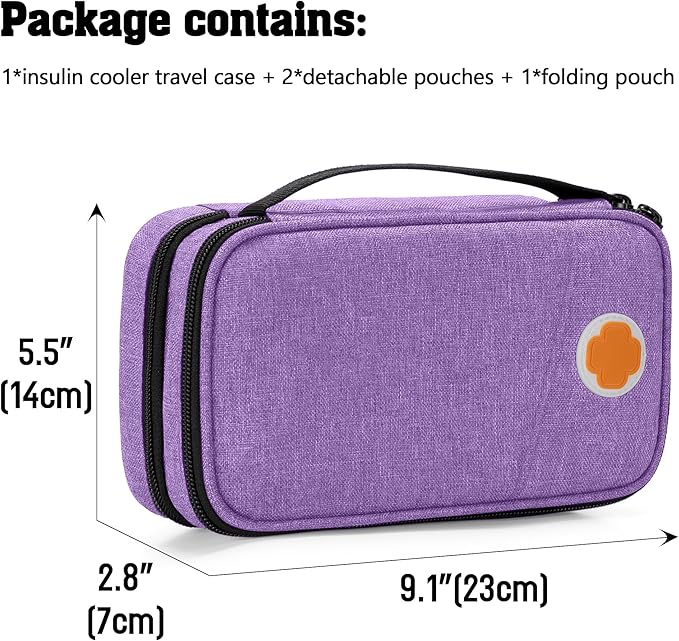 CURMIO Insulated Insulin Cooler Travel Case, Double Layer Diabetic Supplies Storage Bag with Detachable Pouches for Diabetic Medication and Ice Packs, Purple, Empty Bag Only